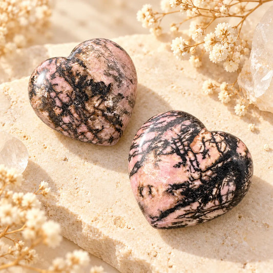 Polished pink and black Rhodonite crystal heart carving, approximately 3 cm