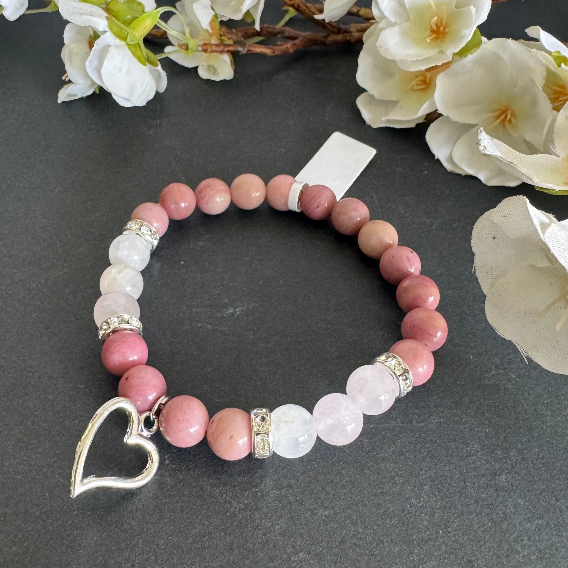 Rhodonite and Rose Quartz spiritual bracelet with heart charm for love, emotional healing, and compassion