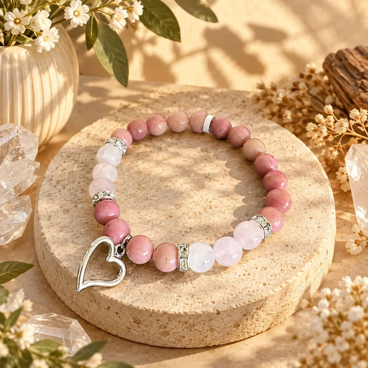 Rhodonite and Rose Quartz 8mm crystal bracelet with silver heart charm