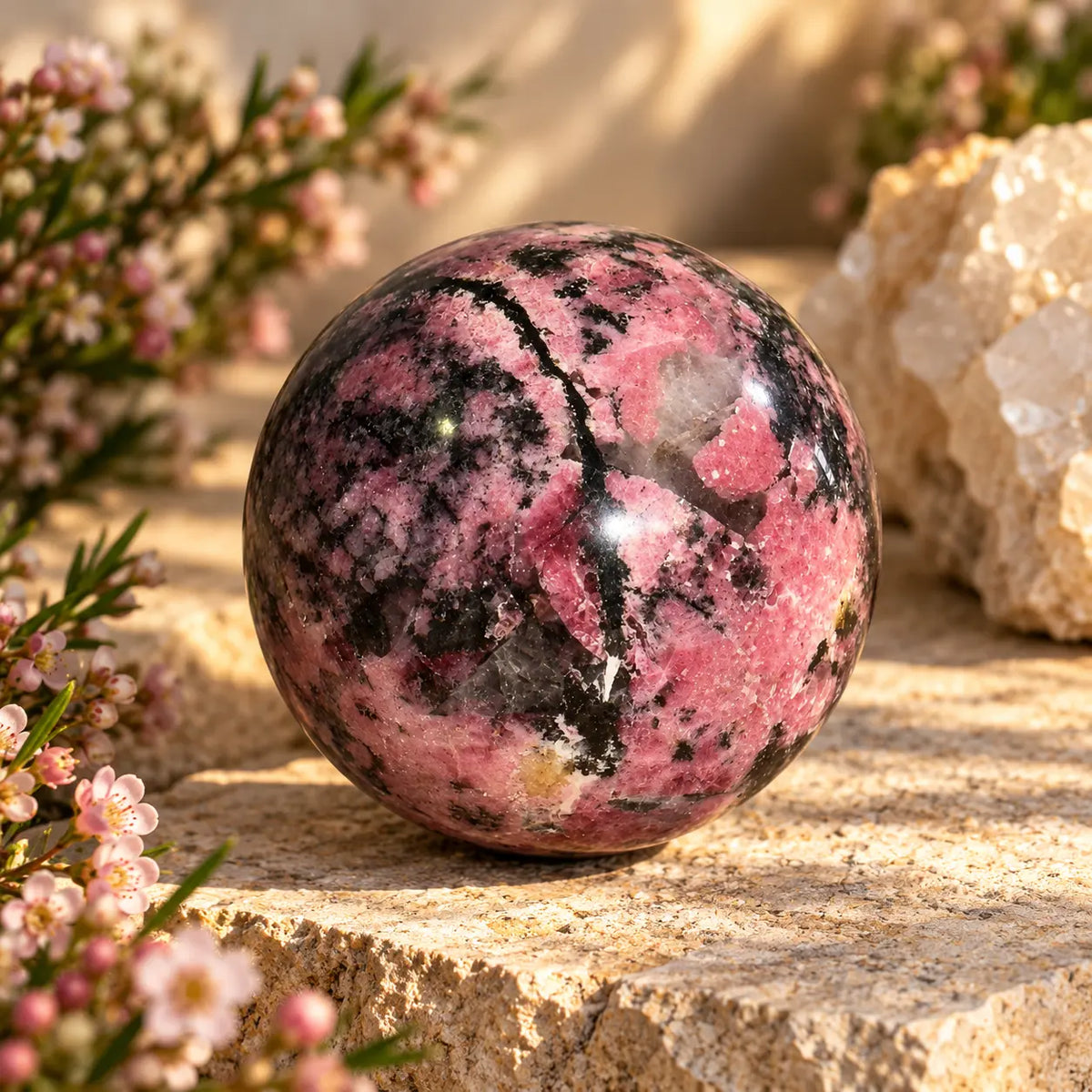 Rhodonite crystal sphere approximately 6cm with distinctive pink and black patterning