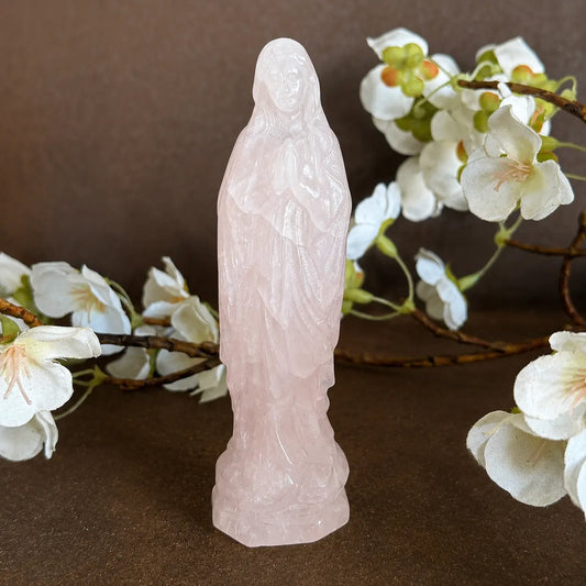 Handcrafted Rose Quartz Virgin Mary Statue crystal carving for Christian prayer, devotion and home altar décor.