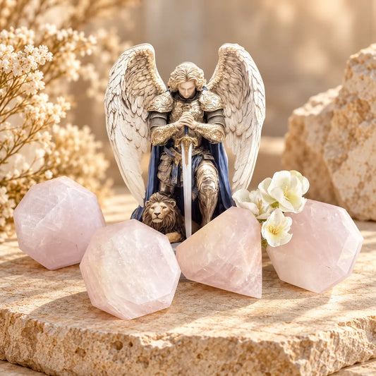Rose Quartz diamond cut crystal with polished pink facets for love, compassion and emotional healing