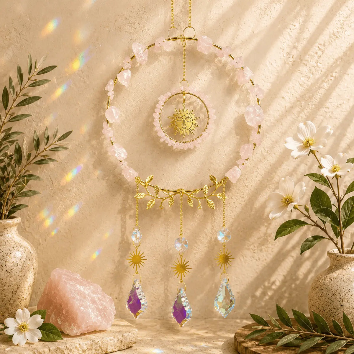 Rose Quartz crystal suncatcher with soft pink gemstones, gold sun details and clear crystal prisms