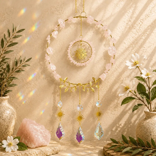 Rose Quartz crystal suncatcher with soft pink gemstones, gold sun details and clear crystal prisms