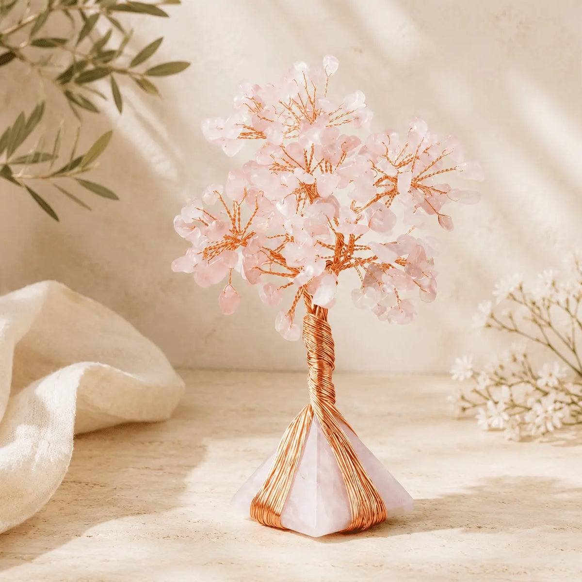 Rose Quartz Flowering Crystal Tree Pyramid with pale pink gemstone chips and copper wire branches