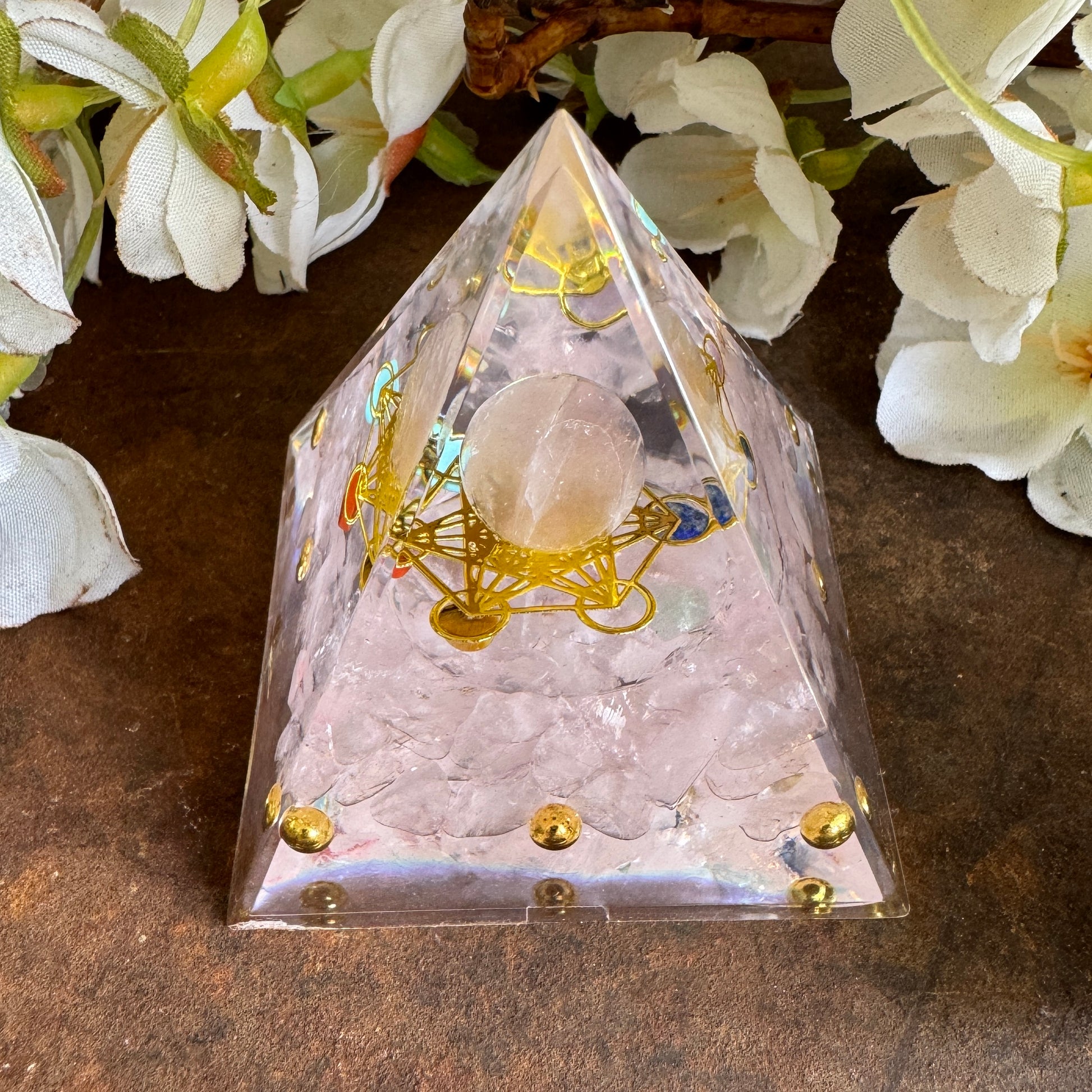 rose quartz orgonite pyramid metatrons cube for love, emotional healing, sleep support, and inner peace