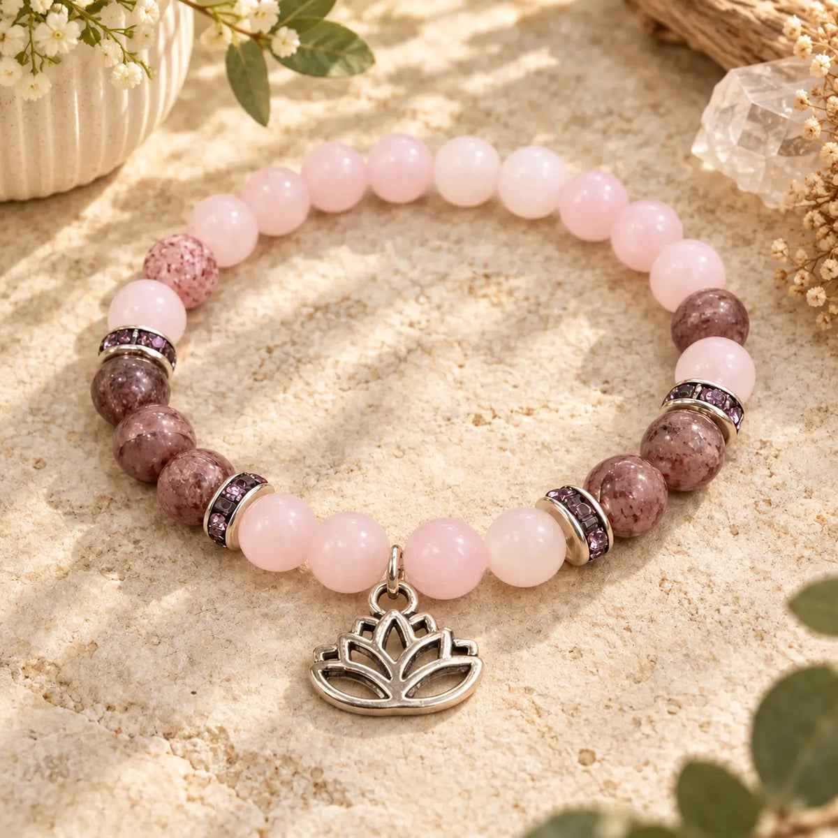 Rose Quartz and Strawberry Quartz bracelet with lotus charm
