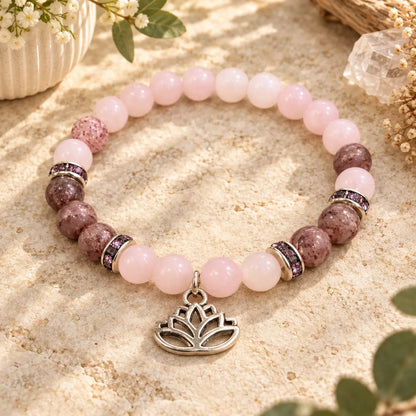 Rose Quartz and Strawberry Quartz bracelet with lotus charm