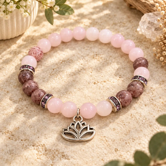 Rose Quartz and Strawberry Quartz bracelet with Lotus charm for love and joy