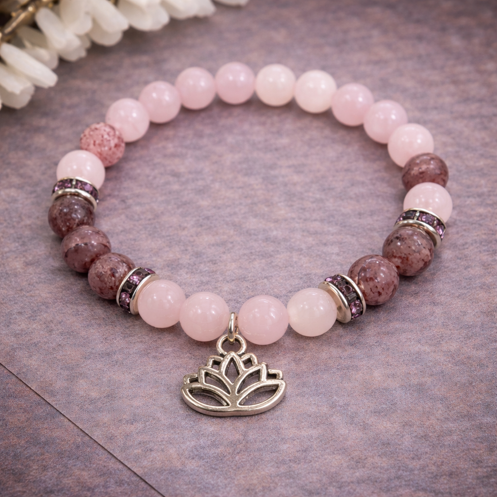 Rose Quartz & Strawberry Quartz Bracelet with Lotus Charm – Heart Healing & Joy