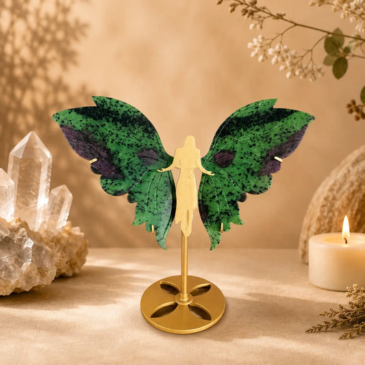 Ruby in Zoisite Crystal Wings on Angel Stand – Heart Healing, Vitality & Divine Protection