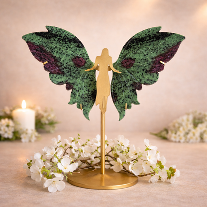 ruby in zoisite crystal wings on angel stand spiritual healing crystal wings for heart healing, vitality, love, protection, balance and divine guidance