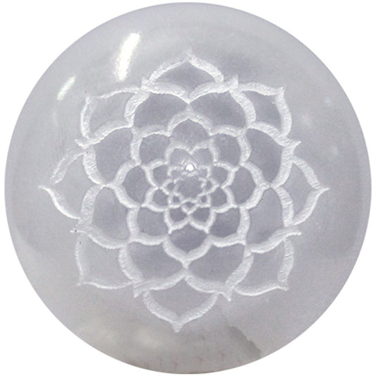 Selenite Crystal Sphere with Lotus of Life engraving for energy cleansing, spiritual clarity, chakra alignment, and inner peace