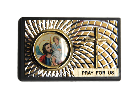 St. Christopher Round Car Plaque with Crucifix (Plastic – 65 x 40mm)