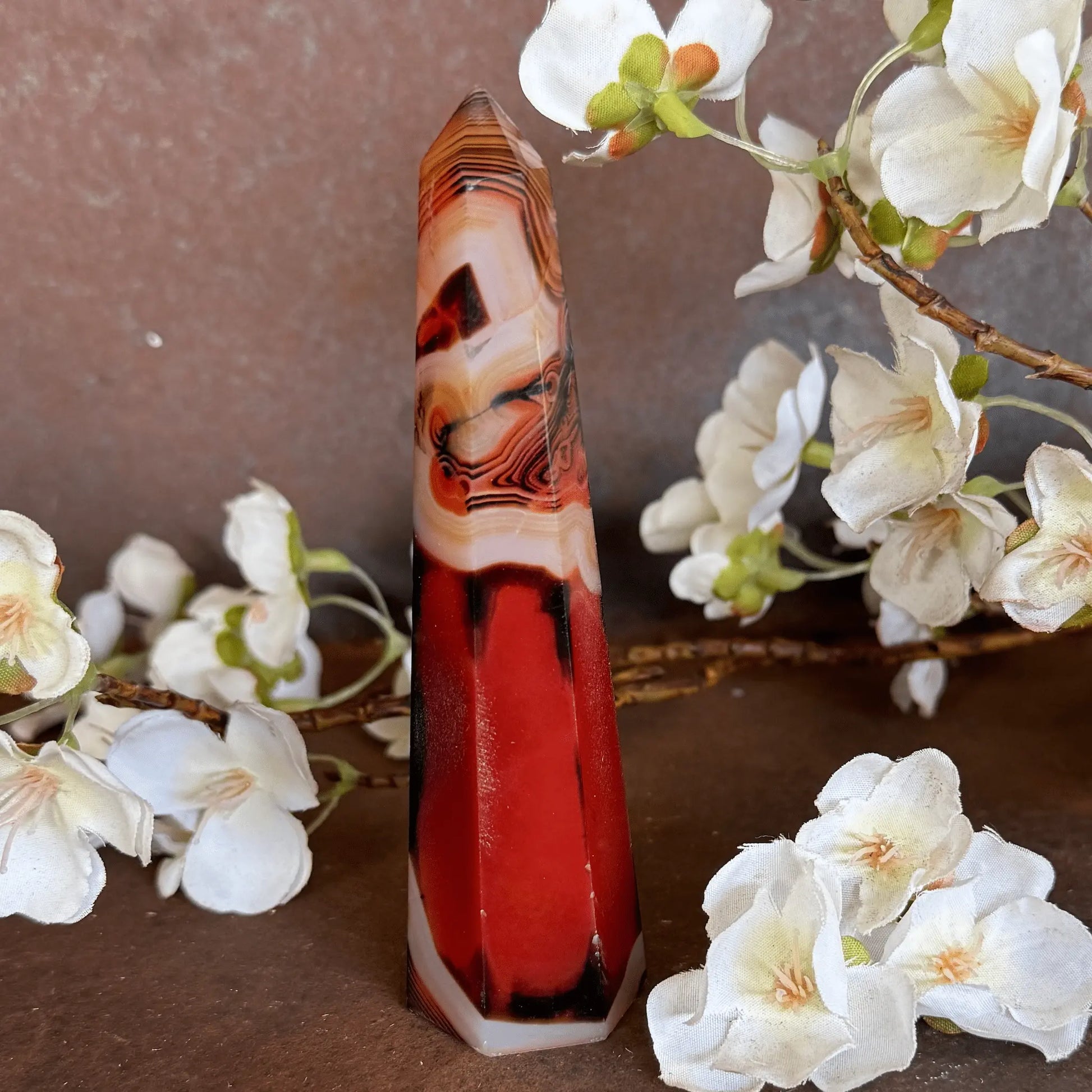 Sardonyx Crystal Obelisk Tower with natural banding for grounding, protection, emotional balance, spiritual strength, and sacred décor.