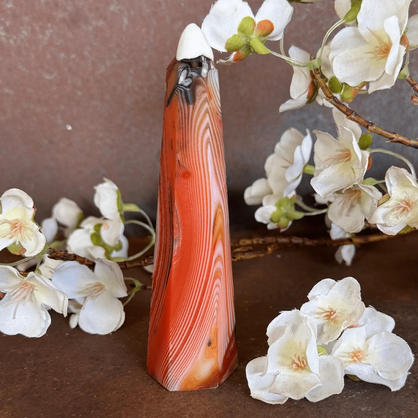 Sardonyx Crystal Obelisk Tower with natural banding for grounding, protection, emotional balance, spiritual strength, and sacred décor.