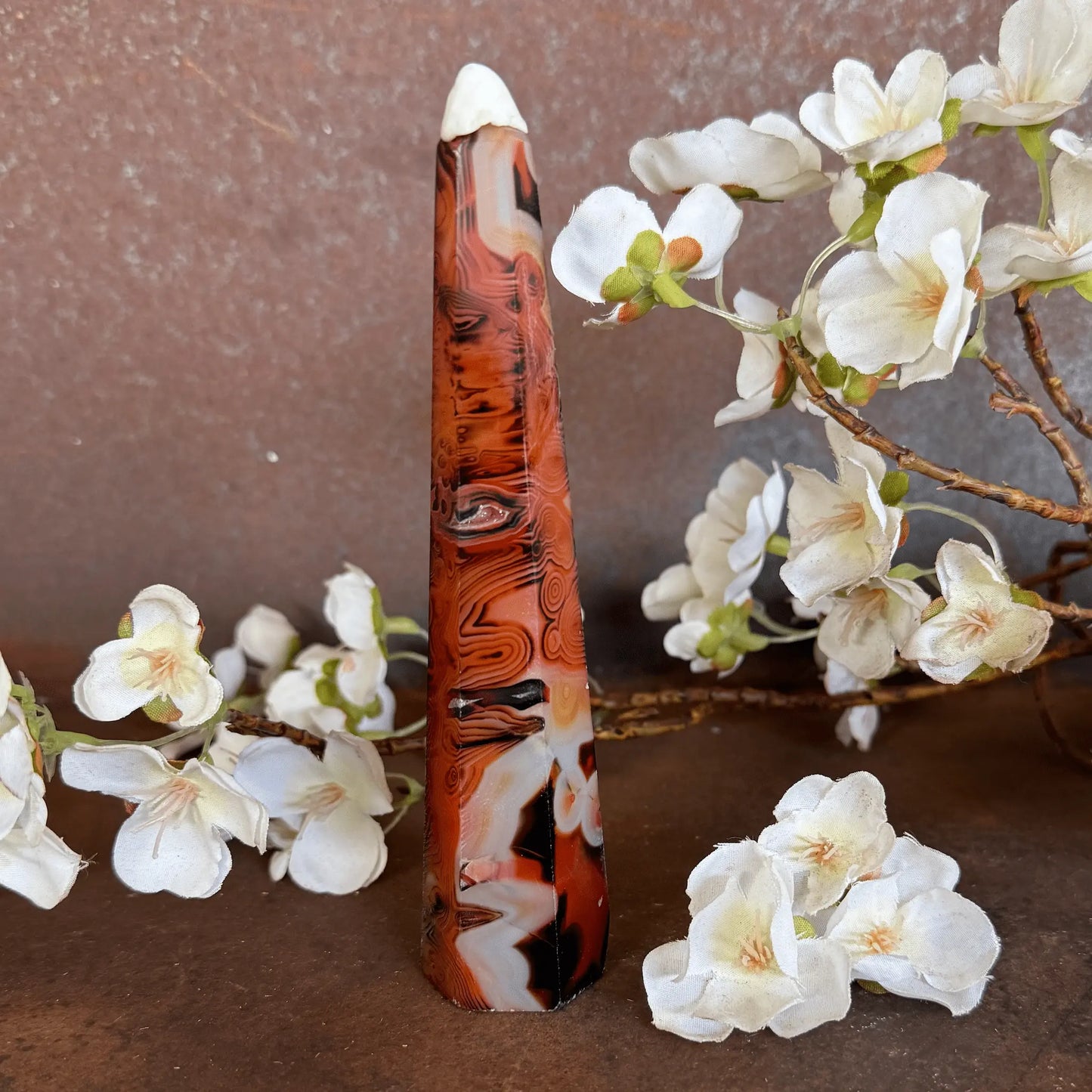 Sardonyx Crystal Obelisk Tower with natural banding for grounding, protection, emotional balance, spiritual strength, and sacred décor.