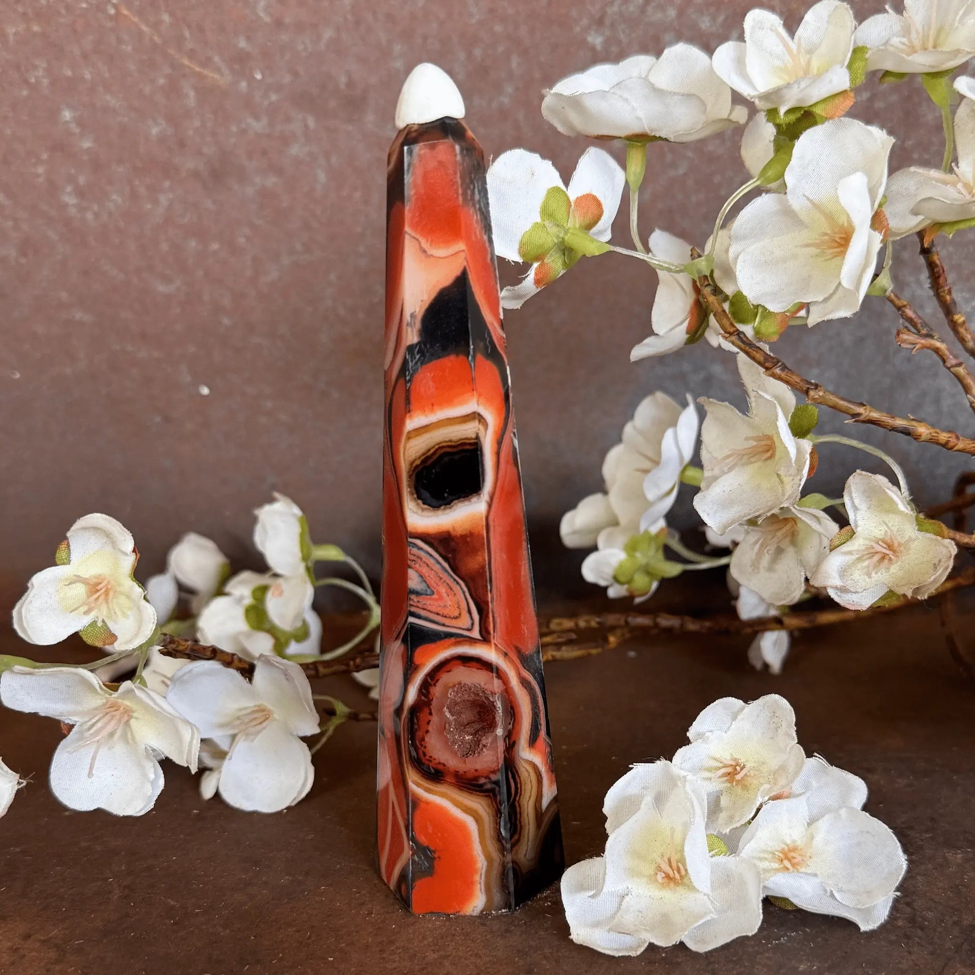 Sardonyx Crystal Obelisk Tower with natural banding for grounding, protection, emotional balance, spiritual strength, and sacred décor.