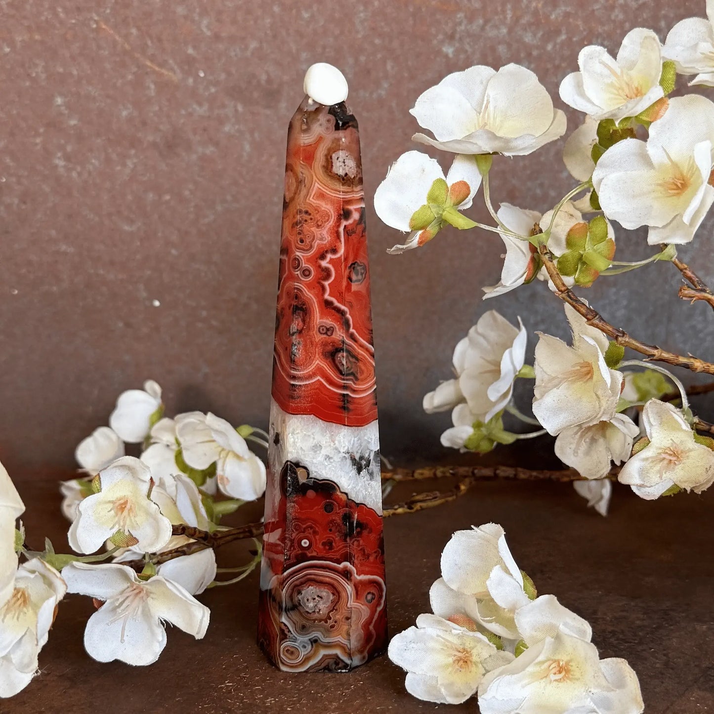 Sardonyx Crystal Obelisk Tower with natural banding for grounding, protection, emotional balance, spiritual strength, and sacred décor.