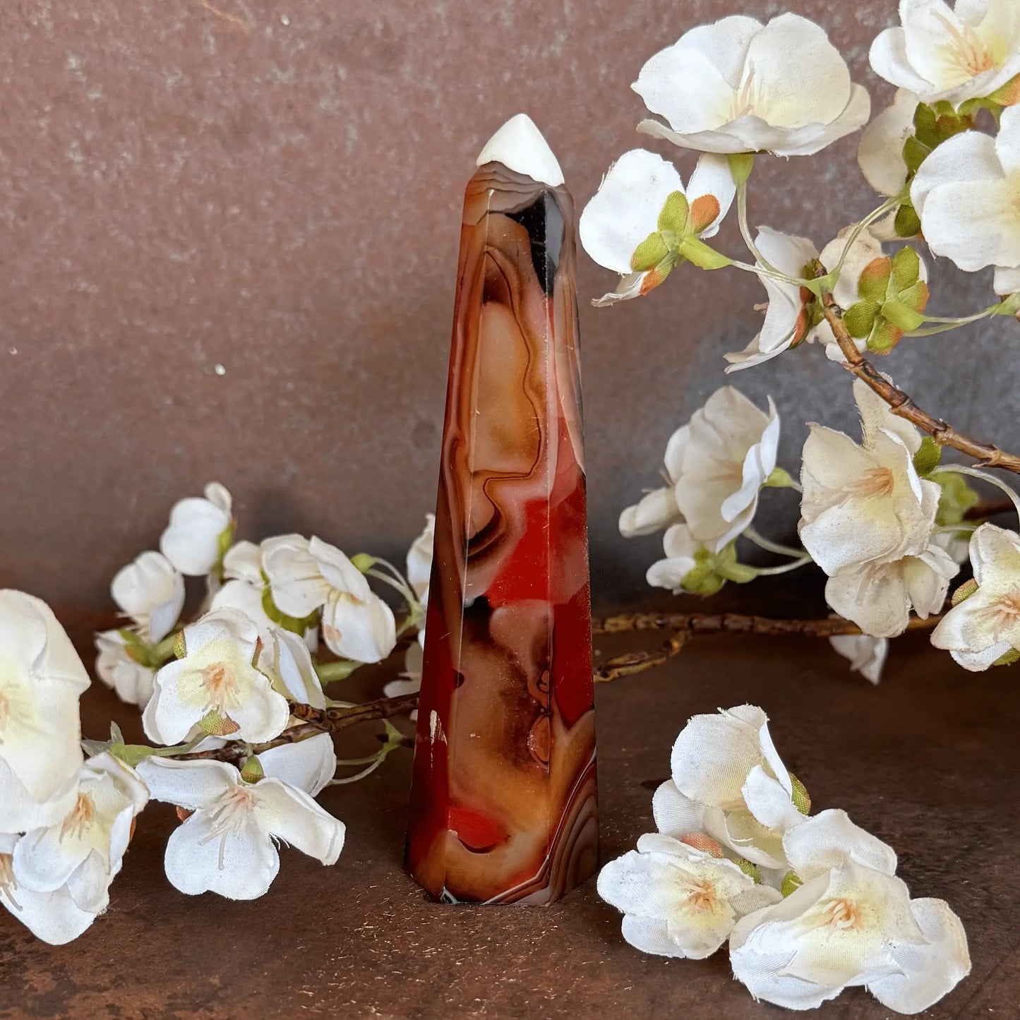 Sardonyx Crystal Obelisk Tower with natural banding for grounding, protection, emotional balance, spiritual strength, and sacred décor.