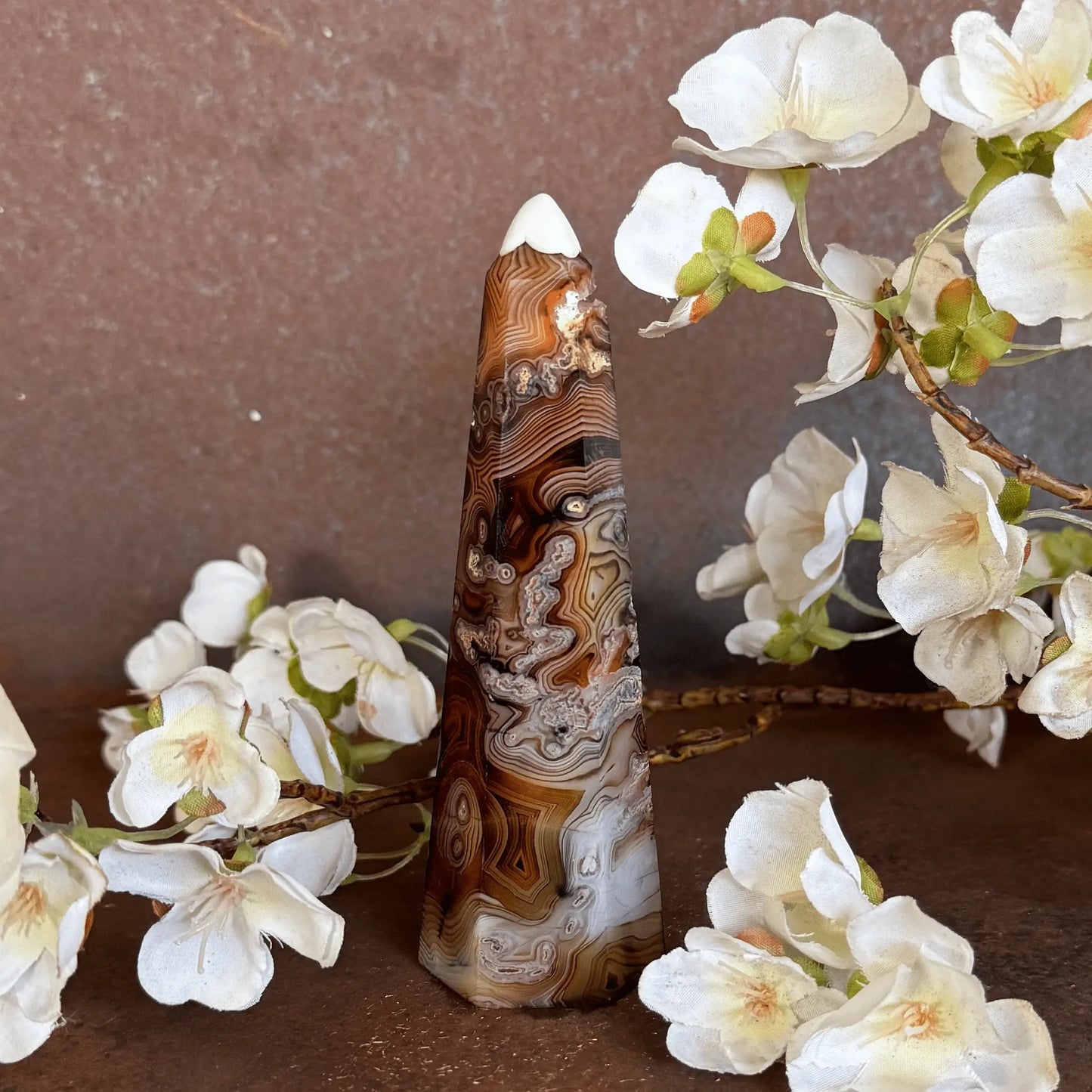 Sardonyx Crystal Obelisk Tower with natural banding for grounding, protection, emotional balance, spiritual strength, and sacred décor.