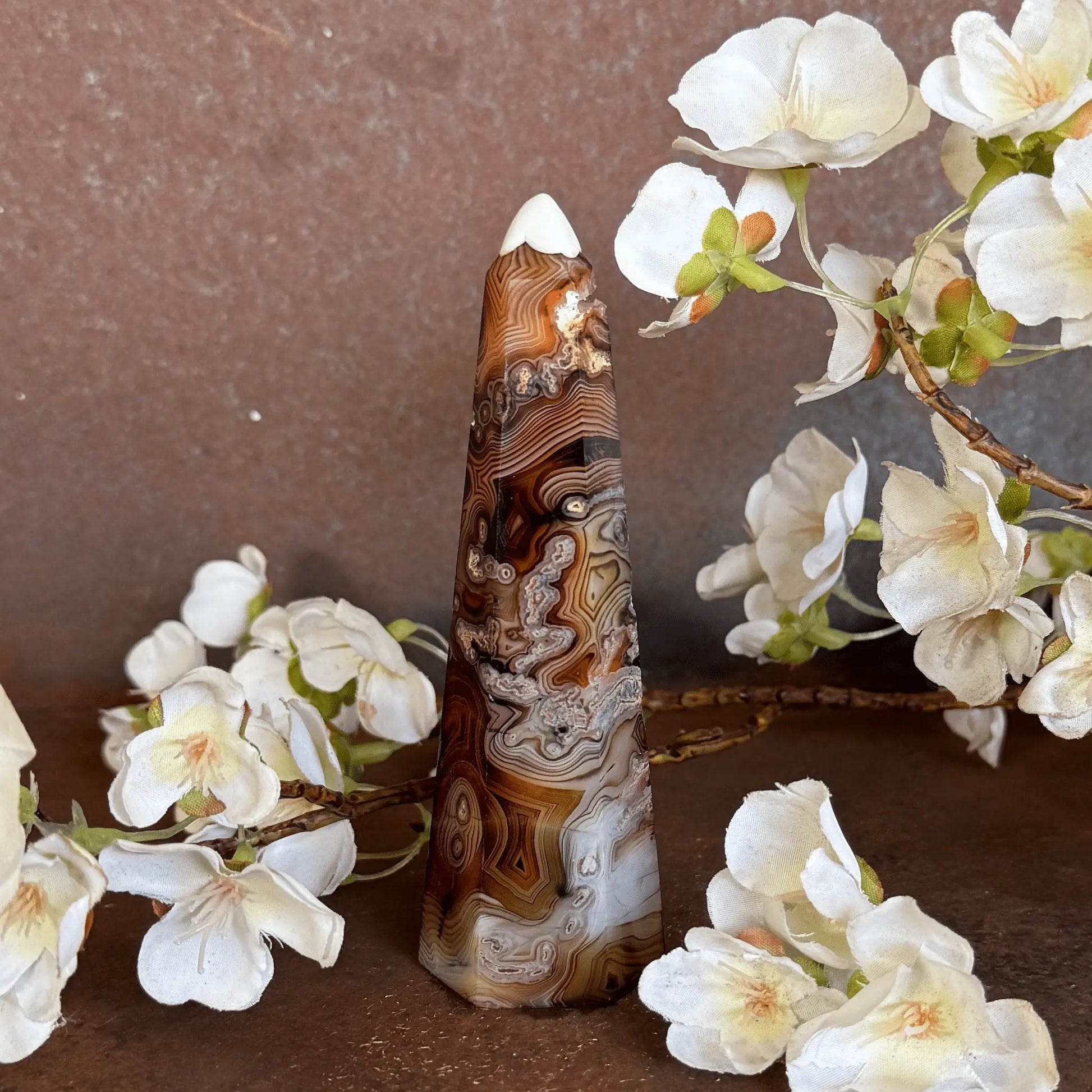 Sardonyx Crystal Obelisk Tower with natural banding for grounding, protection, emotional balance, spiritual strength, and sacred décor.