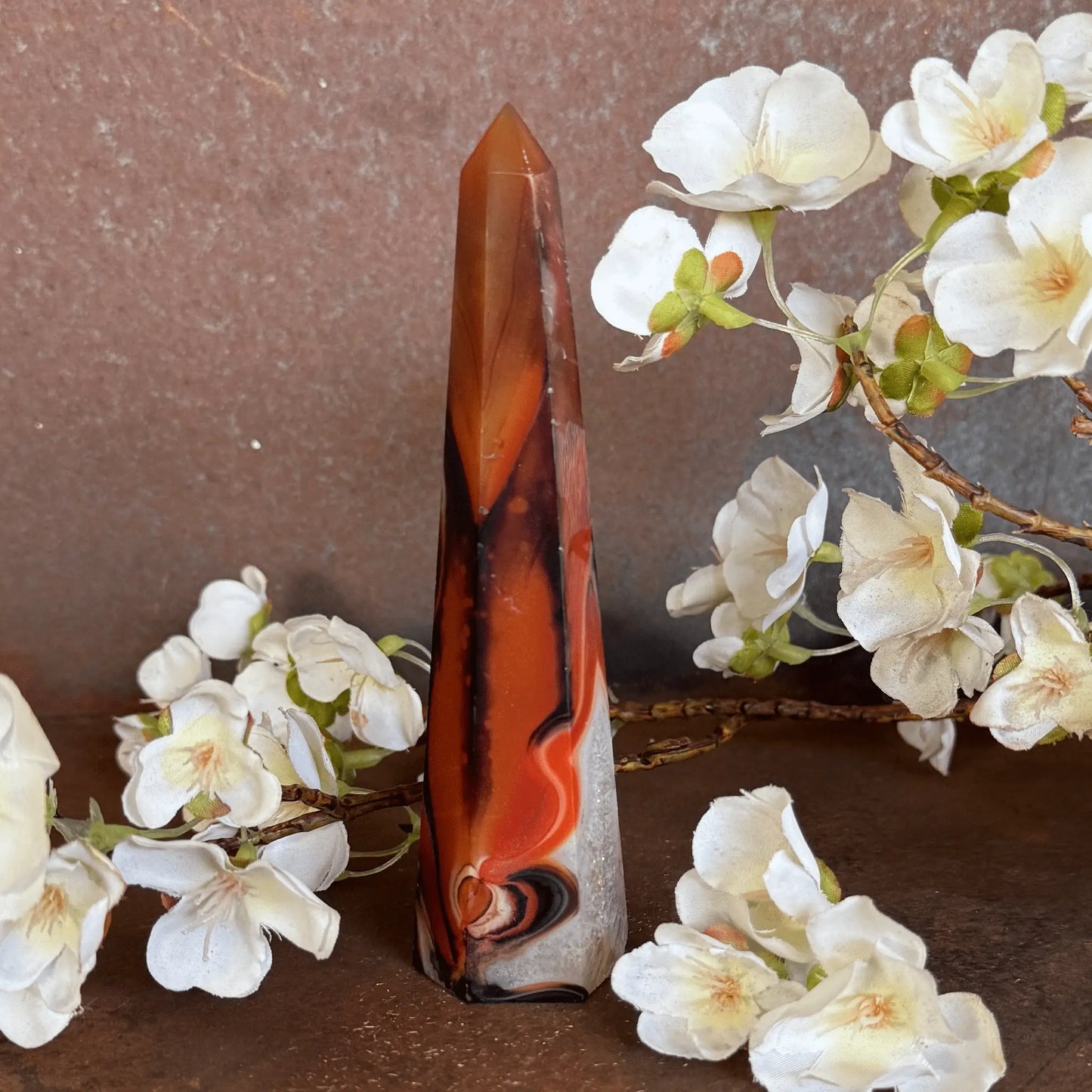 Sardonyx Crystal Obelisk Tower with natural banding for grounding, protection, emotional balance, spiritual strength, and sacred décor.