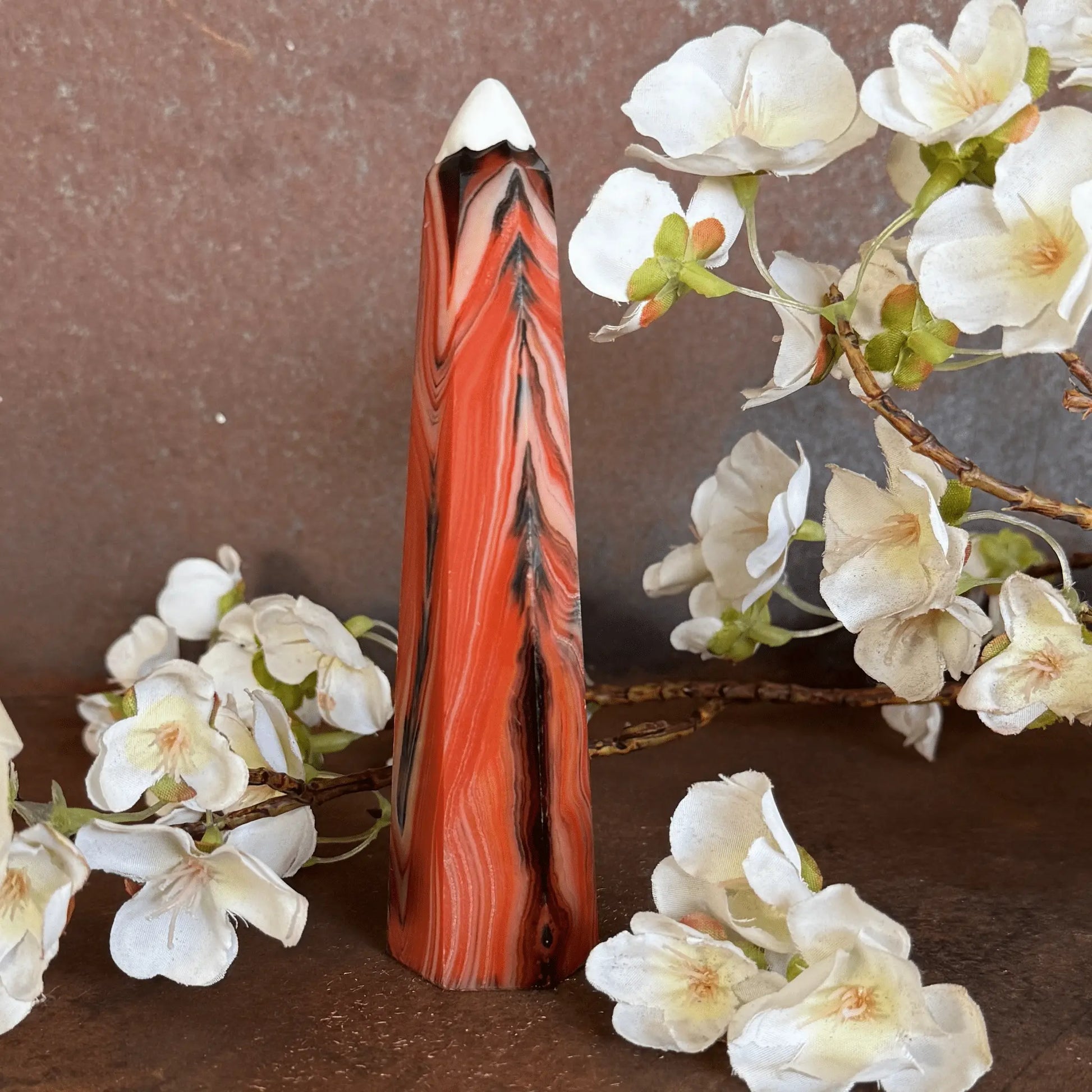 Sardonyx Crystal Obelisk Tower with natural banding for grounding, protection, emotional balance, spiritual strength, and sacred décor.