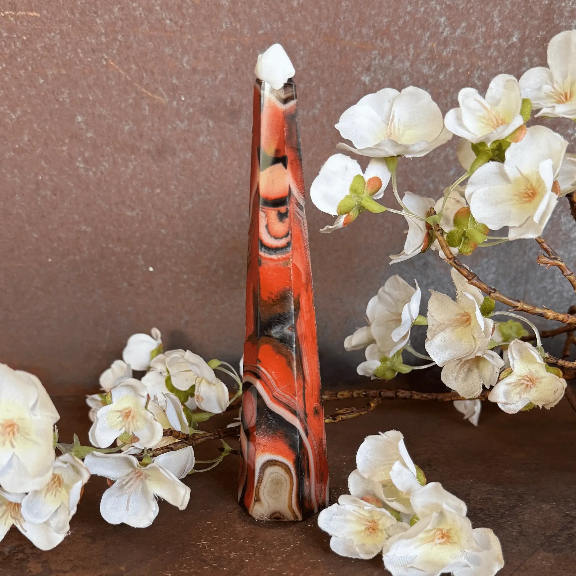 Sardonyx Crystal Obelisk Tower with natural banding for grounding, protection, emotional balance, spiritual strength, and sacred décor.