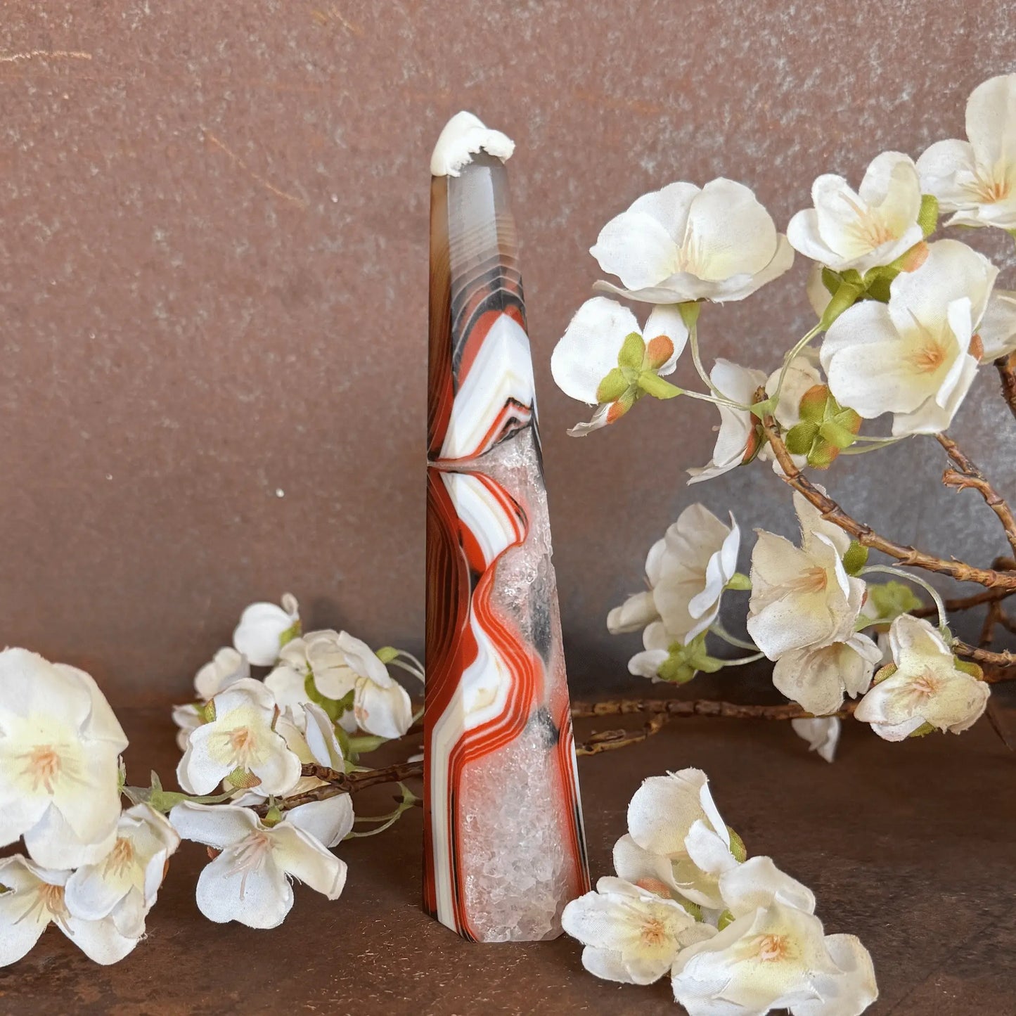 Sardonyx Crystal Obelisk Tower with natural banding for grounding, protection, emotional balance, spiritual strength, and sacred décor.