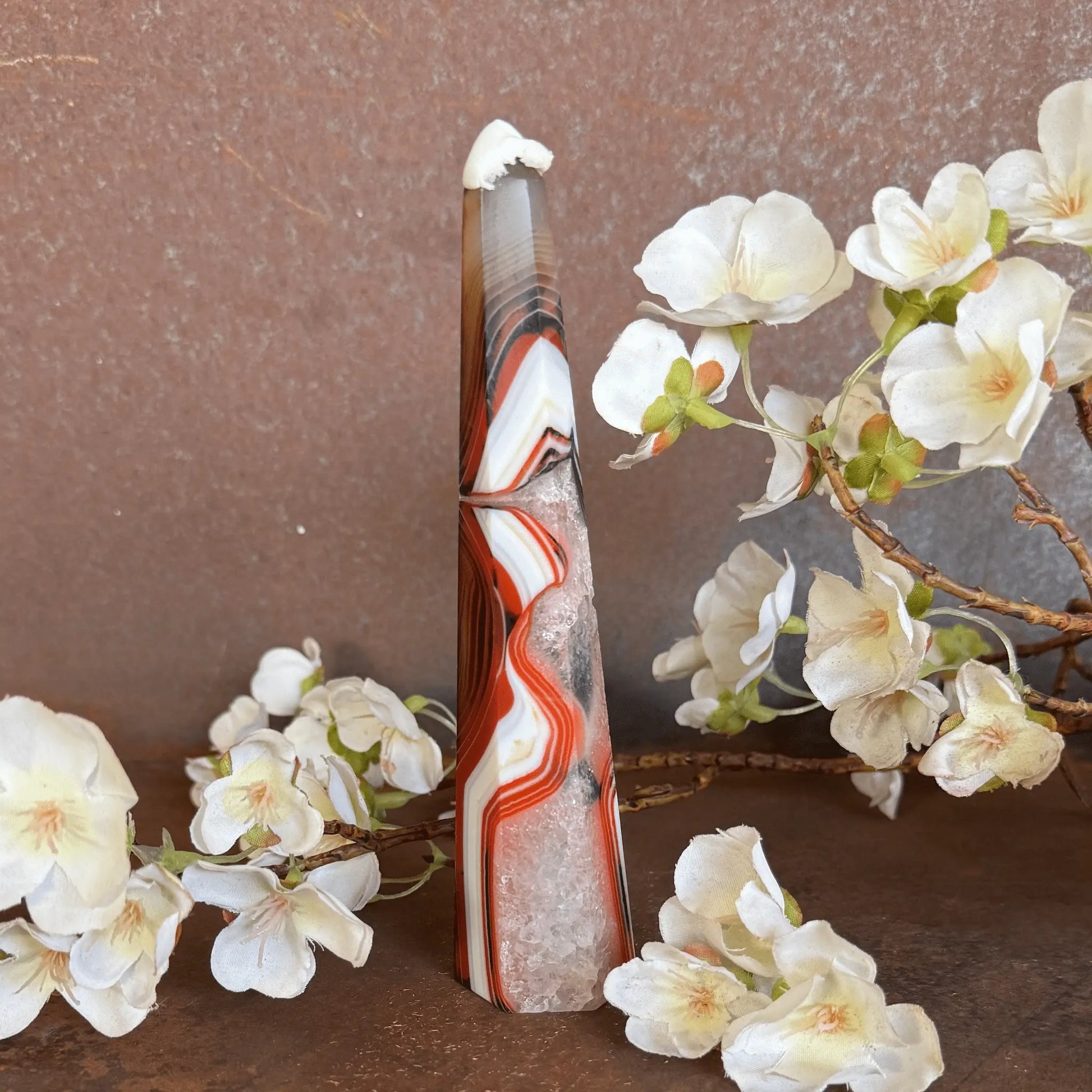 Sardonyx Crystal Obelisk Tower with natural banding for grounding, protection, emotional balance, spiritual strength, and sacred décor.