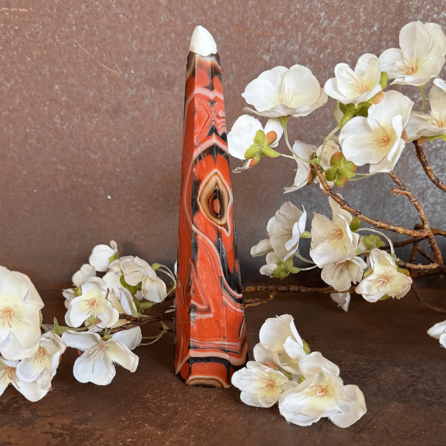 Sardonyx Crystal Obelisk Tower with natural banding for grounding, protection, emotional balance, spiritual strength, and sacred décor.