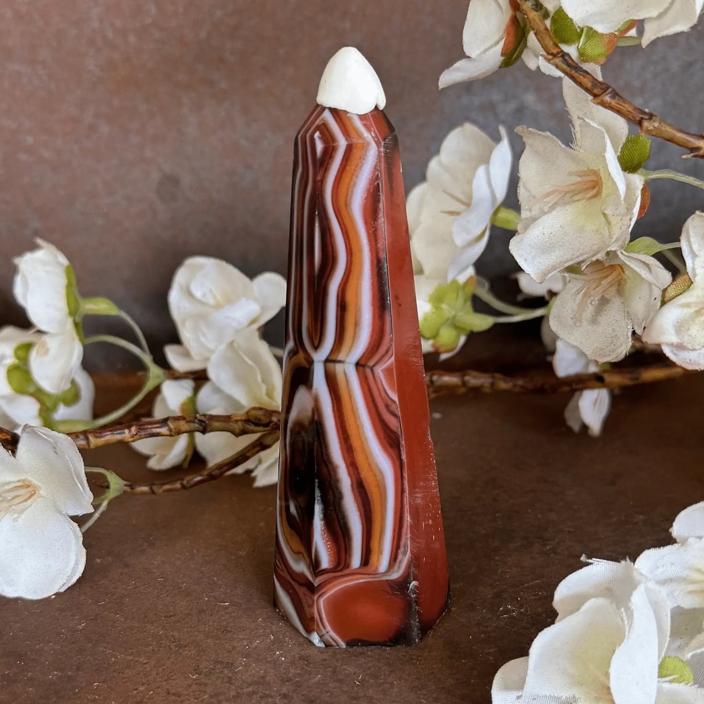 Sardonyx Crystal Obelisk Tower with natural banding for grounding, protection, emotional balance, spiritual strength, and sacred décor.