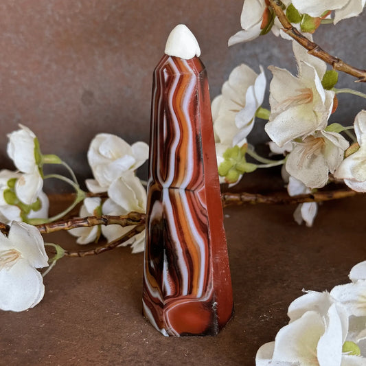 Sardonyx Crystal Obelisk Tower with natural banding for grounding, protection, emotional balance, spiritual strength, and sacred décor.