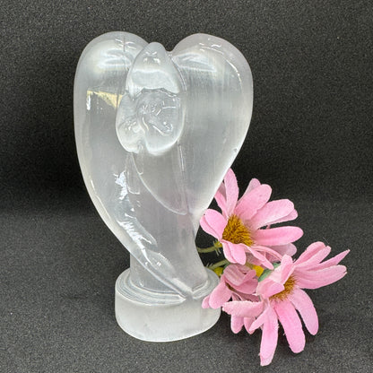 Praying Selenite crystal angel Style A with peaceful devotional symbolism