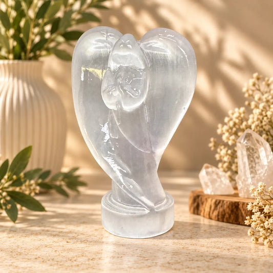 Selenite Crystal Angel Praying Style A for prayer, peace, protection and spiritual reflection