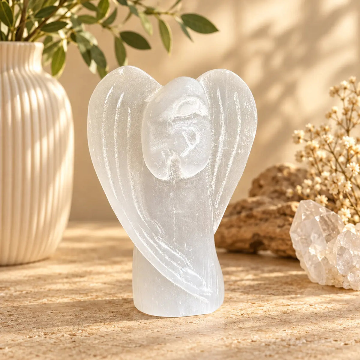 Selenite Crystal Angel Praying Style B for peace, protection, prayer and spiritual reflection