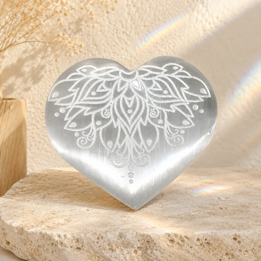 Selenite Crystal Heart with Lotus of Life Engraving