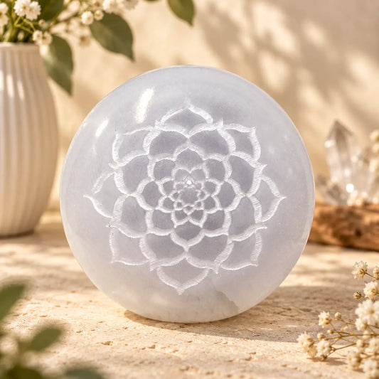 Selenite Crystal Sphere with Lotus of Life engraving – 5cm crystal for clarity, peace and meditation