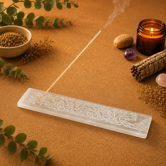 Genuine Selenite Tree of Life crystal incense burner and ash catcher, approximately 26 × 3.5 cm