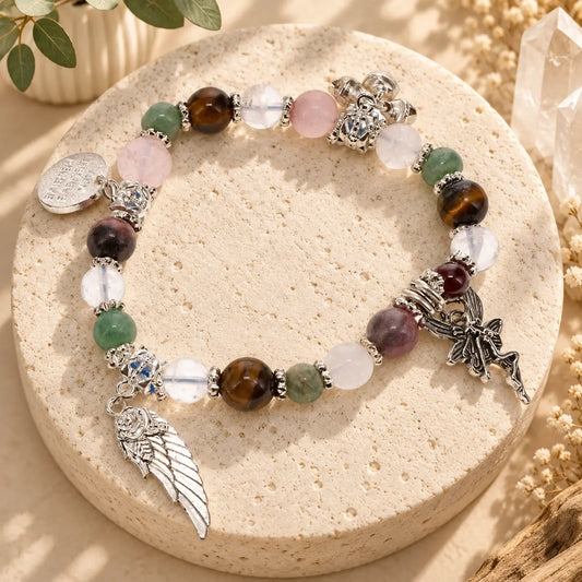 Self Confidence affirmation crystal bracelet with Tiger’s Eye, Garnet, Rose Quartz and mixed stones