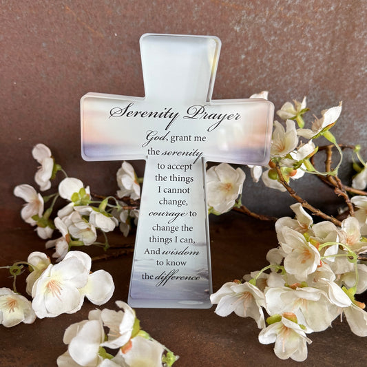 Serenity Prayer glass cross for peace, faith, spiritual protection, and emotional healing