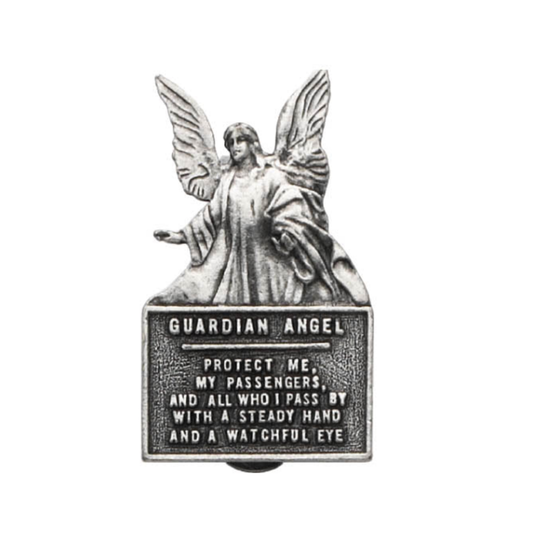 Silver-tone Guardian Angel sun visor clip with driver and passenger protection prayer