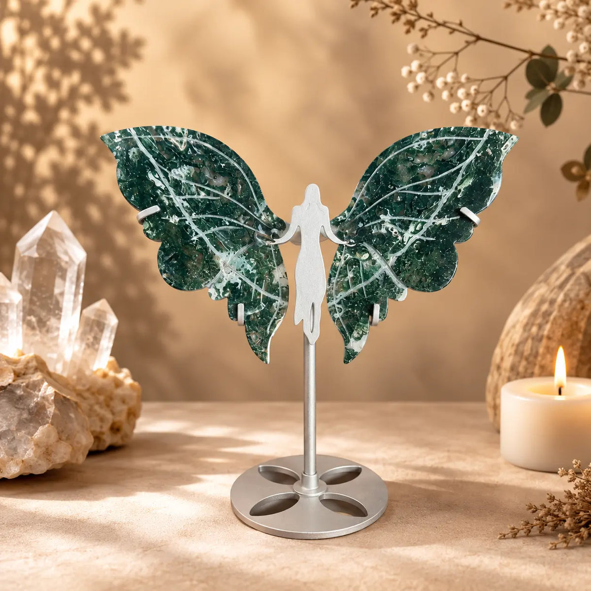 Small Moss Agate Crystal Wings on Butterfly Stand – Growth, Abundance & New Beginnings