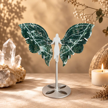 Small Moss Agate Crystal Wings on Butterfly Stand – Growth, Abundance & New Beginnings