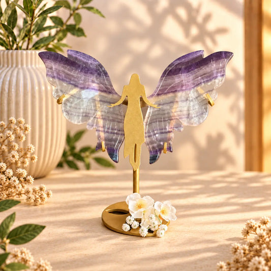 Small Fluorite crystal wings on angel stand for clarity, balance and divine protection