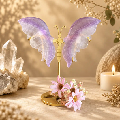 Small Fluorite crystal wings on butterfly display stand