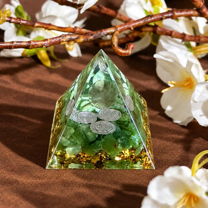 Smoky Quartz and Green Aventurine Triskelion orgonite pyramid with crystal sphere and metallic details