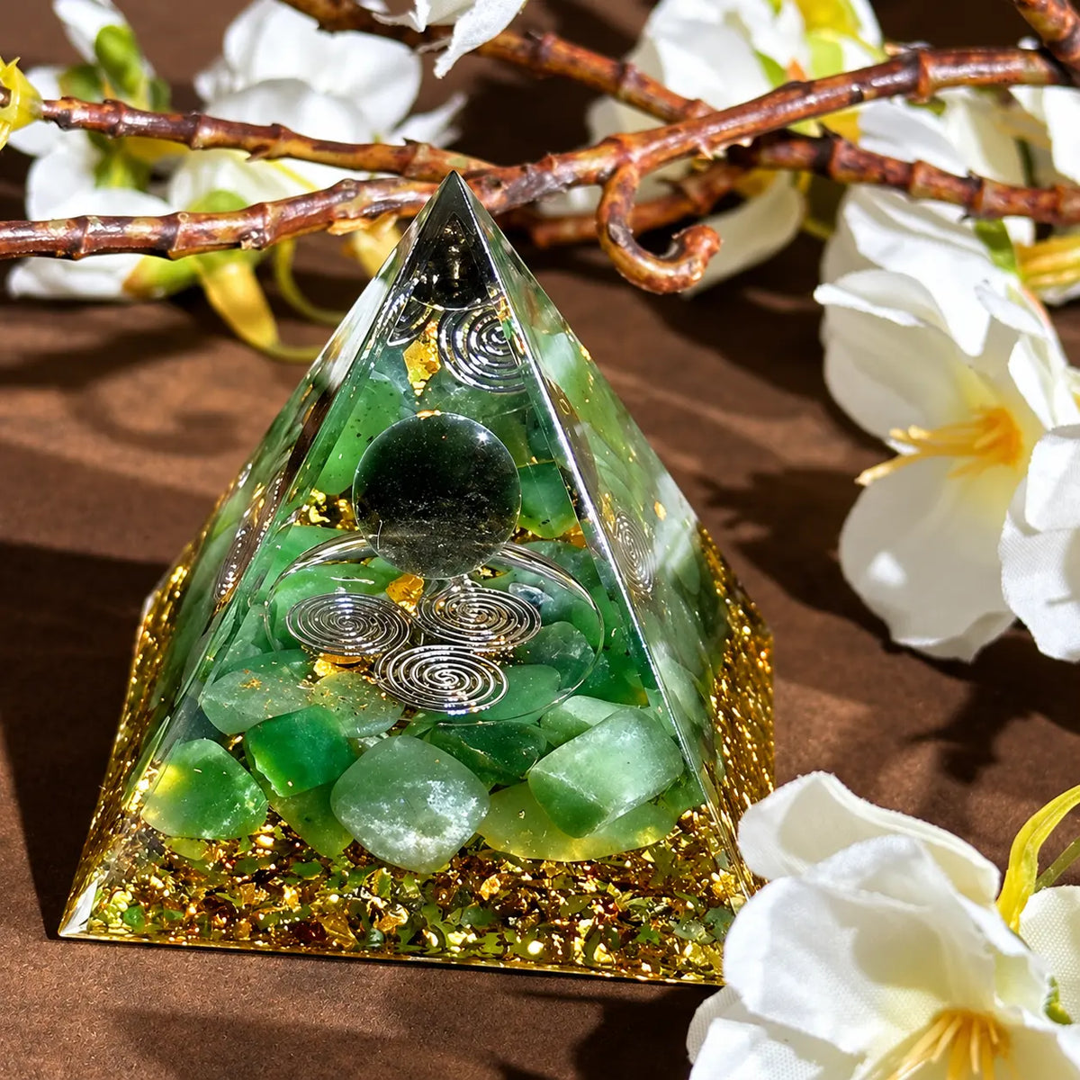 Second view of Smoky Quartz and Green Aventurine orgonite pyramid with Triskelion sacred geometry symbol