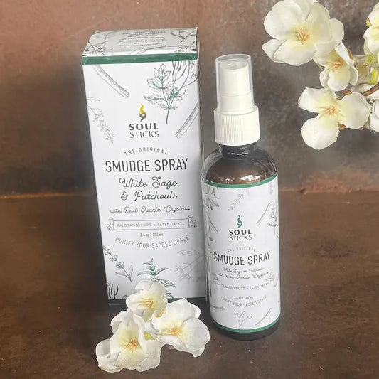 Soul Sticks White Sage and Patchouli Smudge Spray 100ml with quartz crystals for grounding and spiritual cleansing